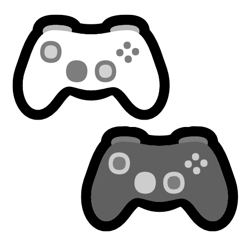 Two video game controllers, one black and one white